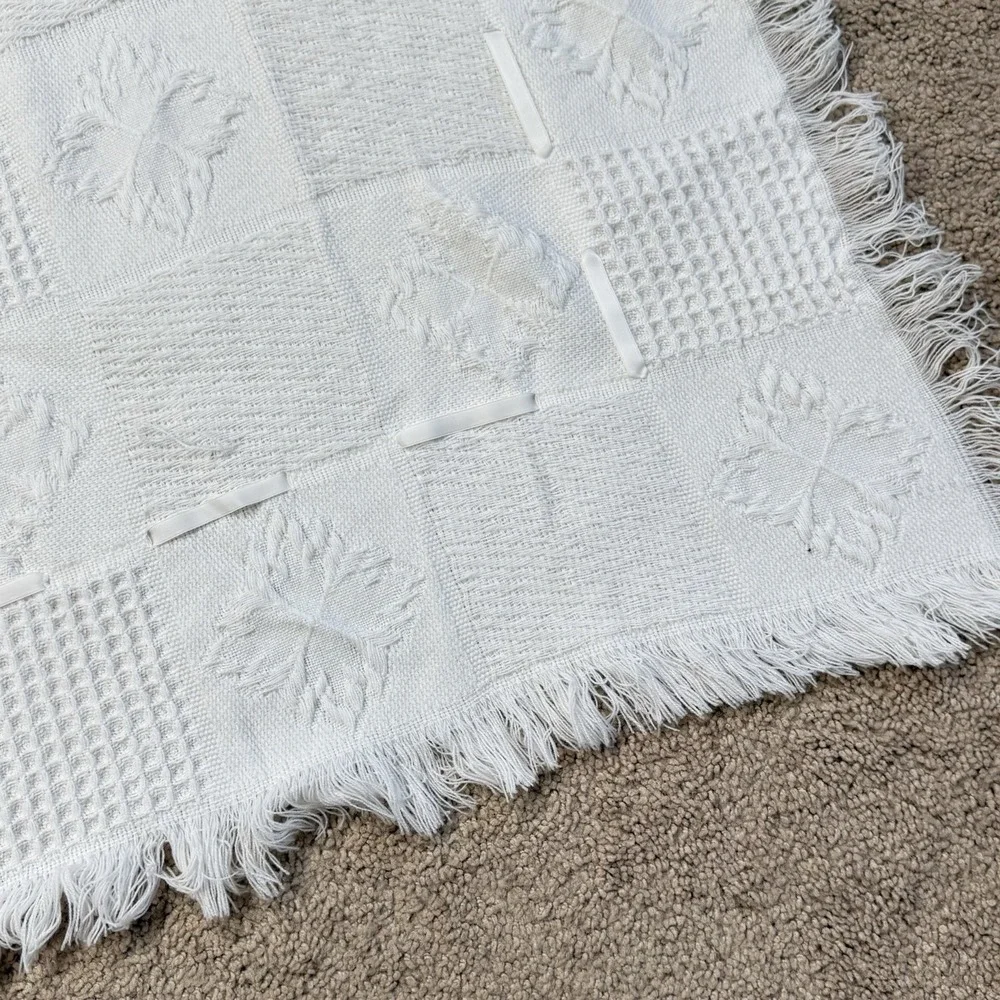 Vintage Babycrest Acrylic Fringe Baby Blanket White Knit 1980s Baby Gift 36x36